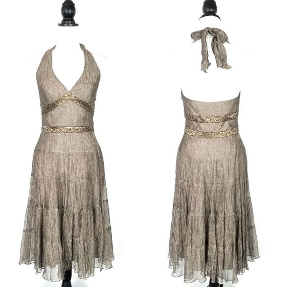 Cache Dresses Cache Bronze Halter Neck Silk Blend Beaded Crinkle